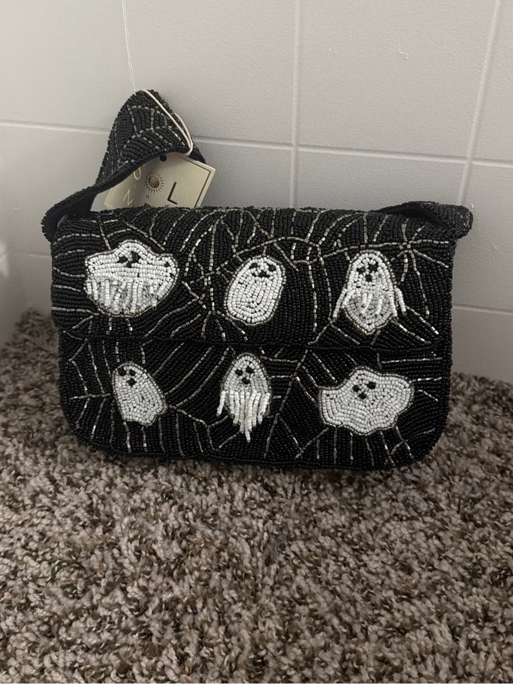 Beaded Black Ghost Motif Shoulder Bag